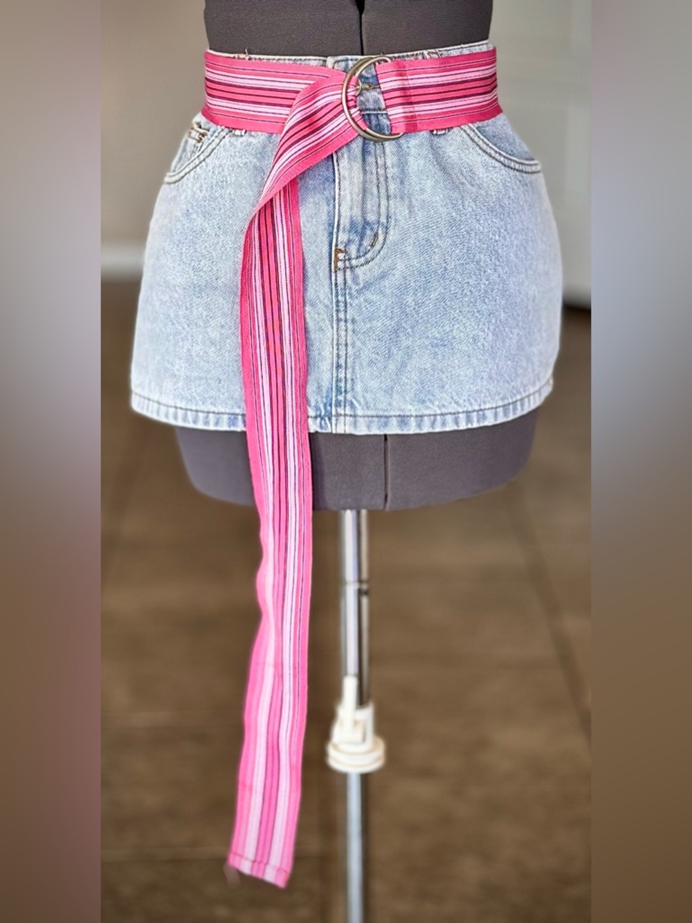 Vintage Striped Pink Grosgrain Ribbon D Ring Belt